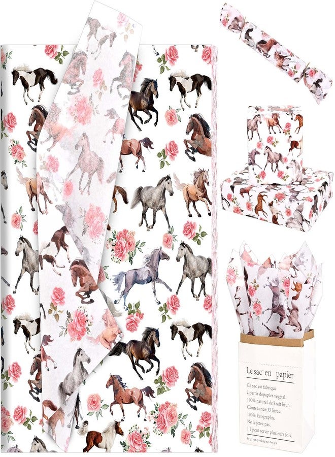 Bolsome 100 Sheets 20 * 14 Inches Floral Horse Tissue Paper for Gift Wrapping Wildhorses Roses Flower Printed Tissue Paper for Gift Bags for Horse Racing Derby Party Kentucky Horse Party DIY Craft Supplies - Image 1